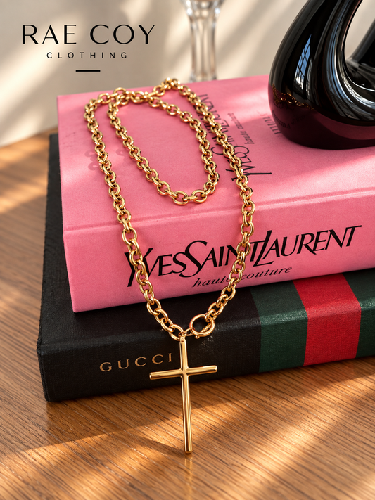 Gold Wrap Cross Necklace With Toggle 37 inches 18K Gold Stainless Steel Water Resistant - Final Sale