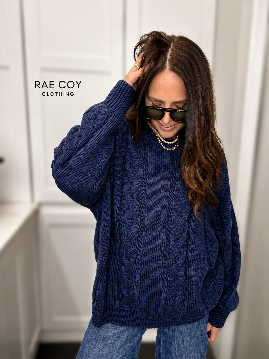 Navy - Oversized Cable Knit Sweater
