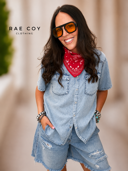Pearl Snap Denim Tencel Button-Up