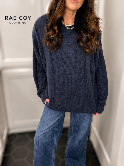 Navy - Oversized Cable Knit Sweater