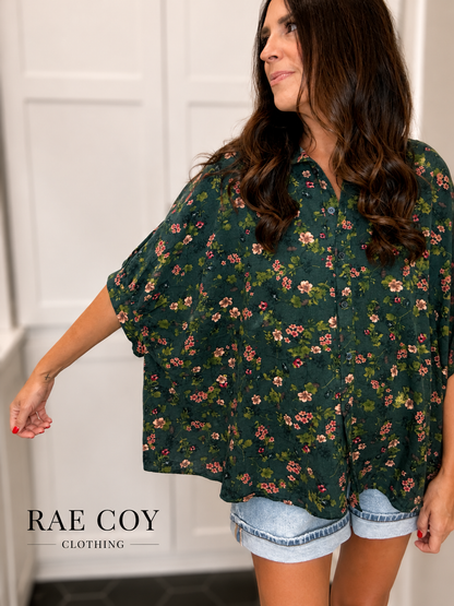 Hunter Green Oversized Fall Floral Blouse