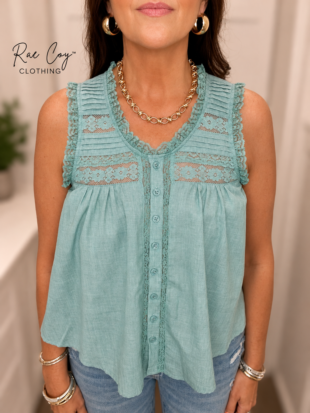 Teal Lace Cotton Tank