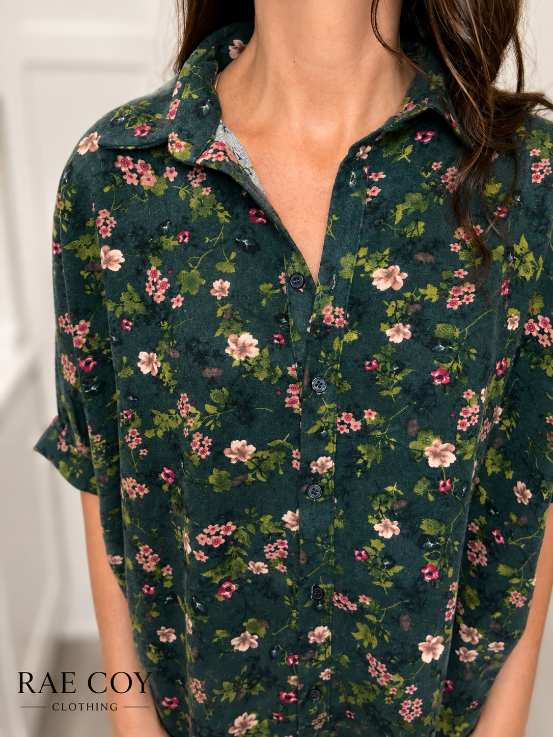 Hunter Green Oversized Fall Floral Blouse