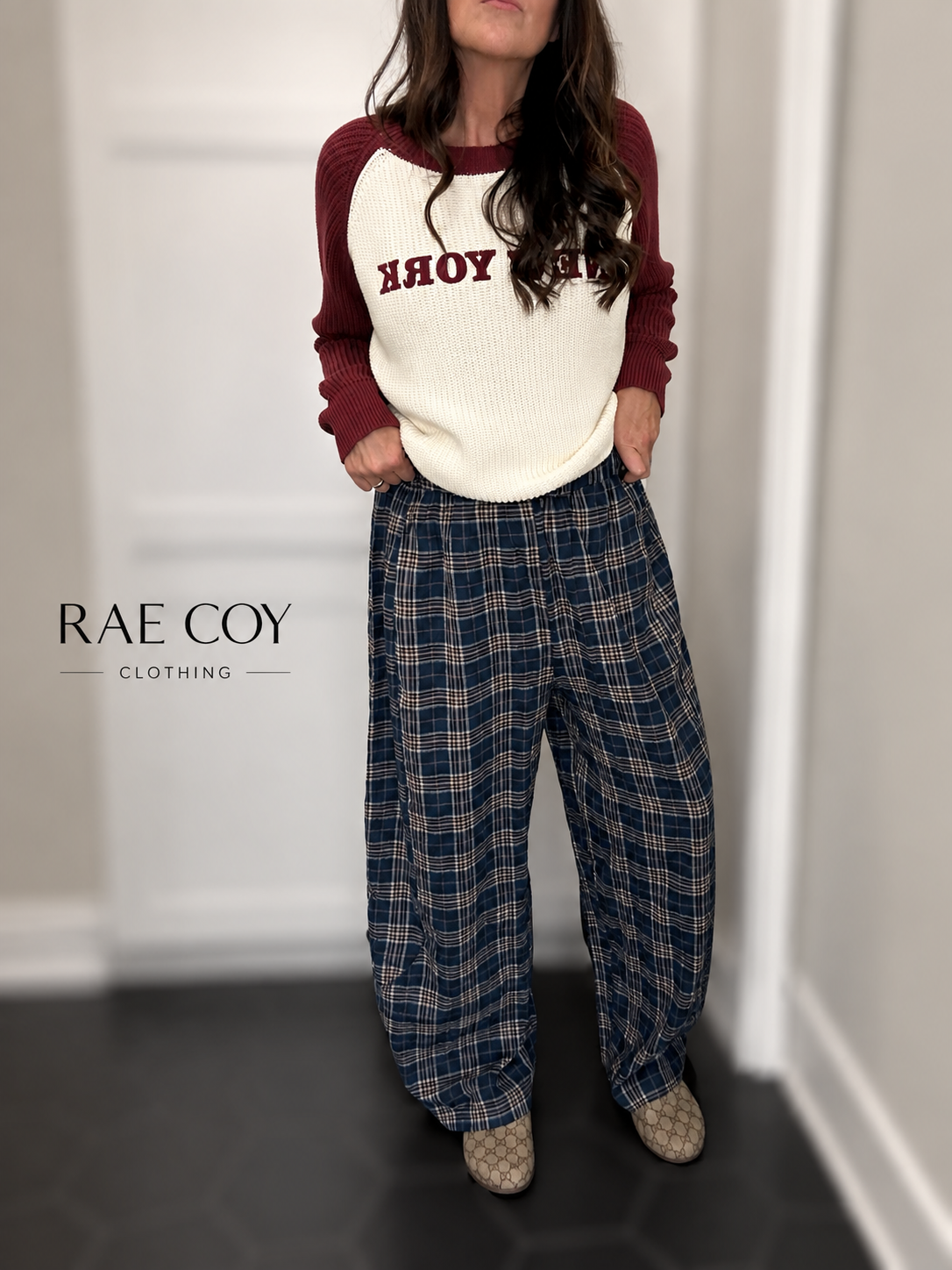 Plaid Cotton Gauze Pants - Navy