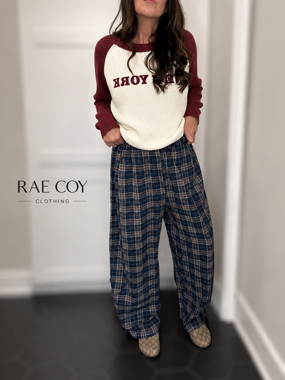 Plaid Cotton Gauze Pants - Navy