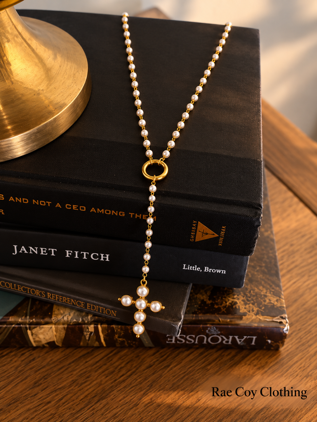 Lariat Pearl Cross Necklace 18K Gold Plated Stainless Steel 16-18 inches Water Resistant Final Sale