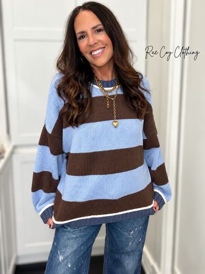 Blue and Chocolate Color Block Sweater - Oversized