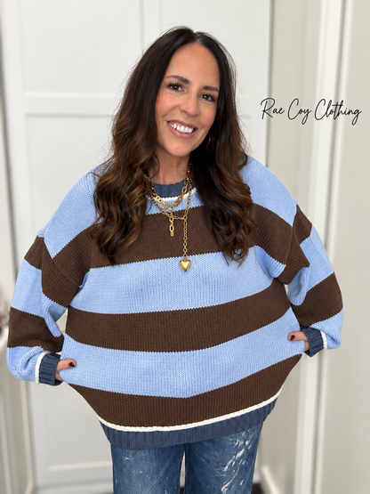 Blue and Chocolate Color Block Sweater - Oversized