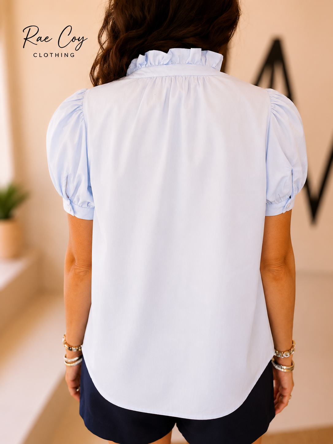 Blue European Style Collar Puff Sleeve Button Down