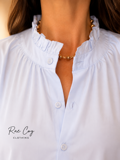 Blue European Style Collar Puff Sleeve Button Down