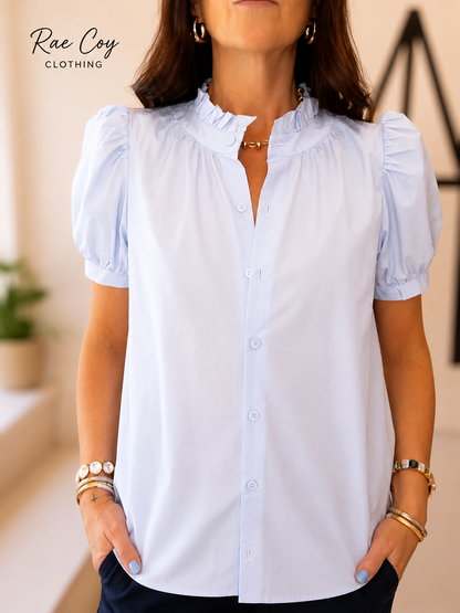 Blue European Style Collar Puff Sleeve Button Down