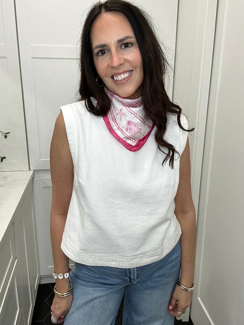 White Denim Sleeveless Top
